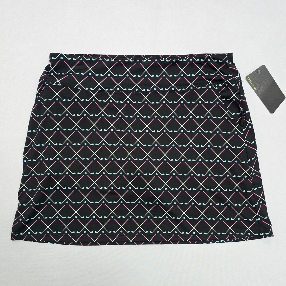 Emerald 18 Women Medium Black Golf Skort Pink Blue Club Print Active Skirt NWT